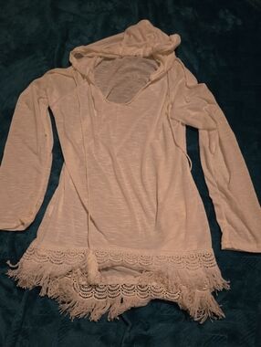 White Hooded Tunic with Crochet Fringe
